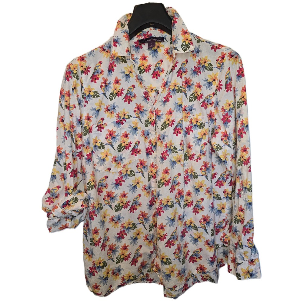 Gloria Vanderbilt Womens‎ Large Tropical Parrot Floral Cotton Button Down Shirt